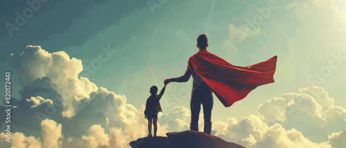 A man and a child are standing on a hill, with the man wearing a red cape