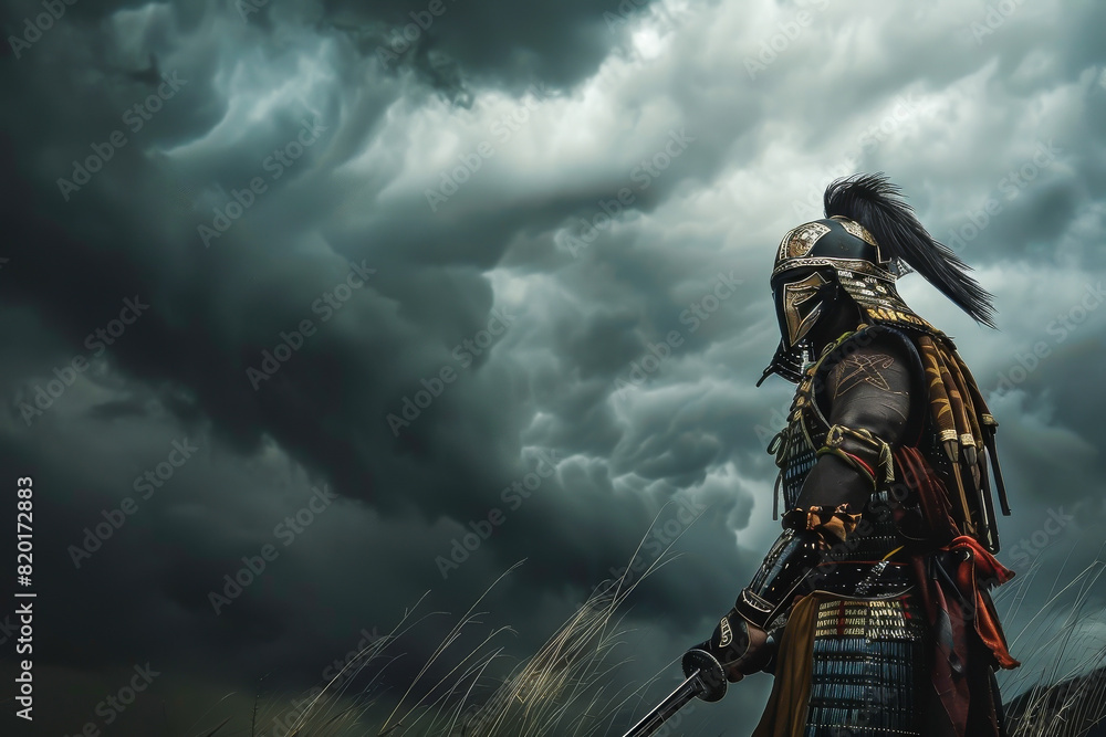 A warrior stands in the rain, holding a sword A warrior stands in the rain, holding a sword