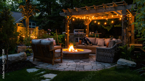 An outdoor man cave set in a backyard with a fire pit comfortable seating and ambient lighting for evening gatherings.