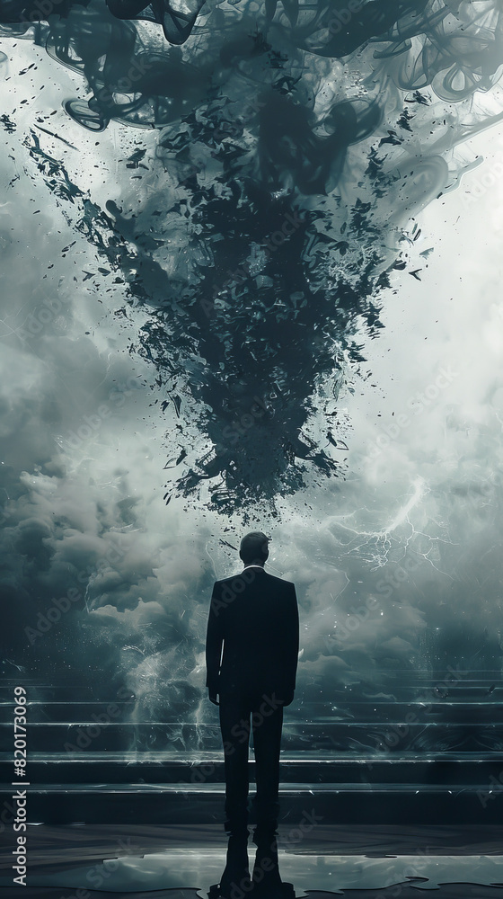 A man stands in front of a large cloud of smoke