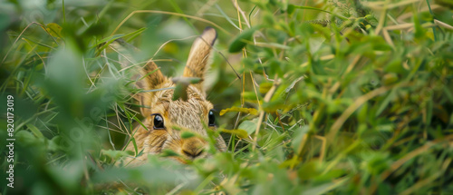 A rabbit is peeking out from the grass © Napat.Tantichareonja