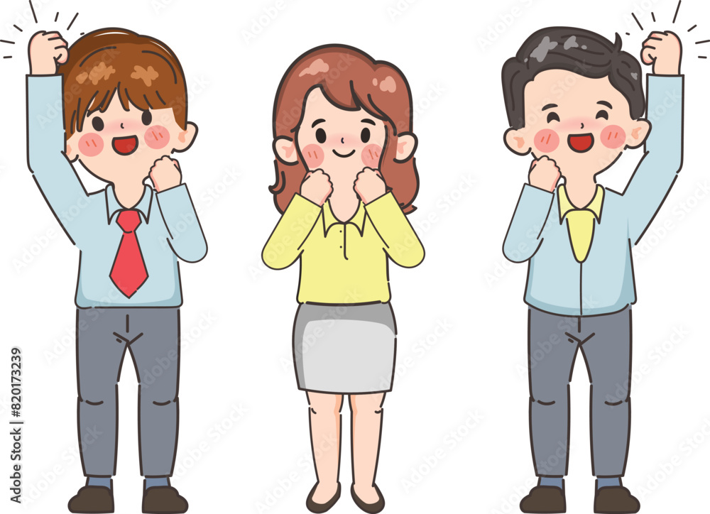 Team workers smiling and raising hands up. Hand drawn style vector design illustrations. Team workers smiling and raising hands up. Hand drawn style vector design illustrations.