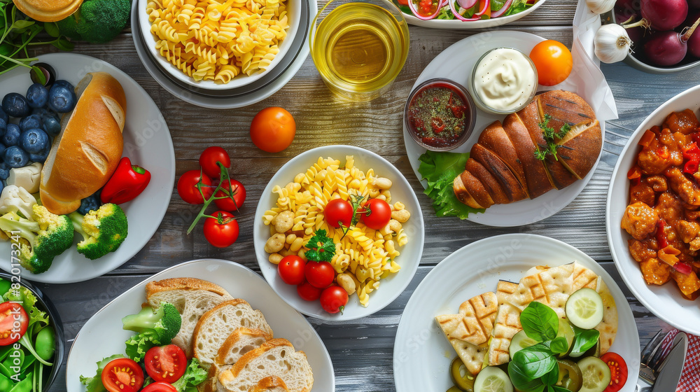 A table full of food with a variety of dishes including sandwiches, pasta A table full of food with a variety of dishes including sandwiches, pasta