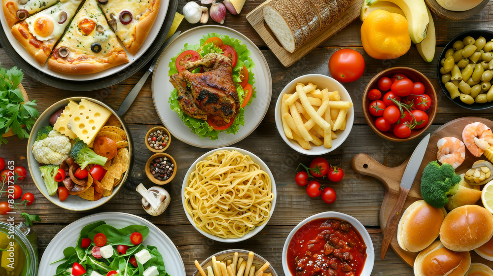 A table full of food including pizza, chicken, bread, and vegetables A table full of food including pizza, chicken, bread, and vegetables