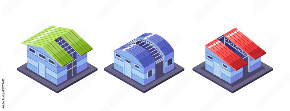 Isometric View Of Three Buildings, Each Constructed With A Metal Frame. Vector Modern House Structures Isometric View Of Three Buildings, Each Constructed With A Metal Frame. Vector Modern House Structures