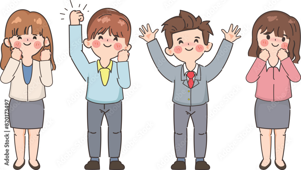 Team workers smiling and raising hands up. Hand drawn style vector design illustrations. Team workers smiling and raising hands up. Hand drawn style vector design illustrations.