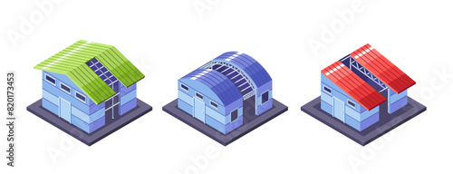 Isometric View Of Three Buildings, Each Constructed With A Metal Frame. Vector Modern House Structures