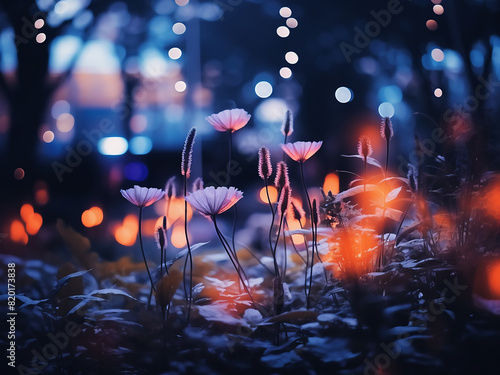 Softly blurred city garden at night creates a mesmerizing backdrop