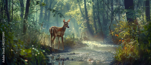 A deer is walking in a forest near a river