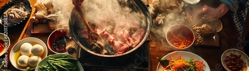 A traditional scene of a sukiyaki meal being prepared at a dining table, with raw ingredients displayed and a pot simmering, inviting a communal meal