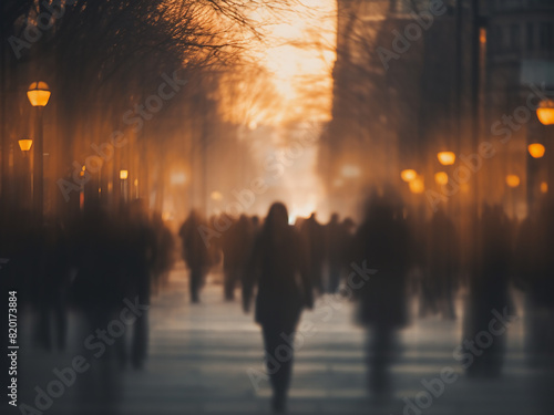 Indistinct silhouettes of people walking, creating a dynamic background