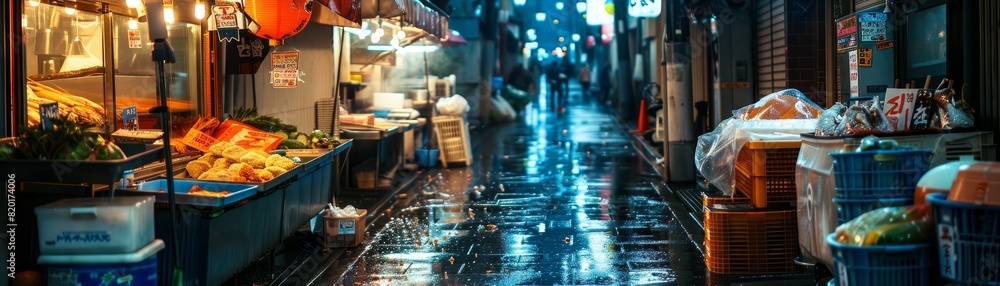 A vibrant scene of a street market in Japan, featuring stalls selling fresh seafood and vegetables, bustling with energy and local charm A vibrant scene of a street market in Japan, featuring stalls selling fresh seafood and vegetables, bustling with energy and local charm