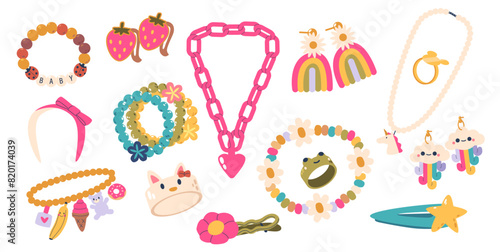 Collection Of Children Jewelry. Vector Set of Adorable Bracelets, Necklaces And Earrings With Colorful Beads, Charms