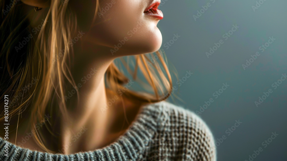 A woman with long hair and a red lipstick is wearing a gray sweater A woman with long hair and a red lipstick is wearing a gray sweater