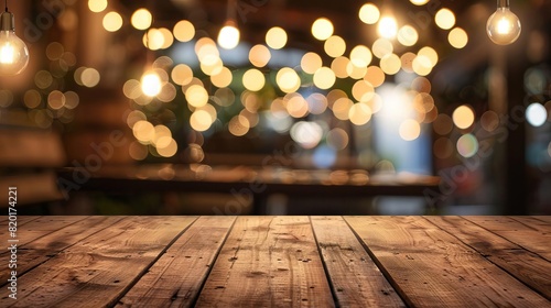 Empty wooden table top with lights bokeh on a blurred restaurant background, ideal for a dining or hospitality scene