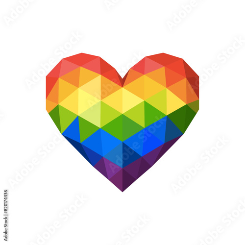 Heart in LGBTq rainbow colours, in a low polygon flat style on white background. Geometric shapes in vibrant colours. Design element for pride, t-shirt, flag, postcard, poster, social media post.