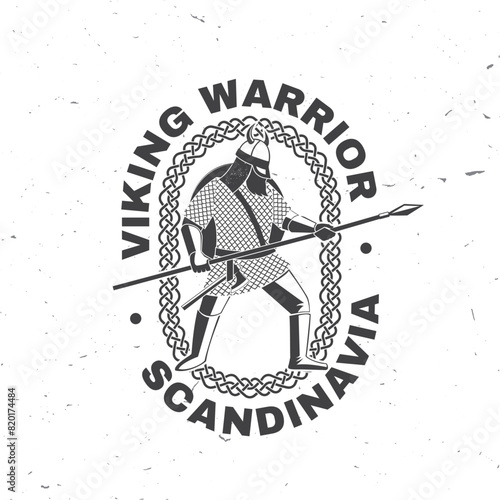 Viking warrior logo, badge, sticker. Vector illustration. For emblems, labels and patch. Monochrome style viking in helmet with spear and round shield