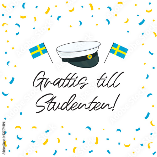 Graduation cards vector illustration. The Swedish student cap on confetti frame. Swedish Translation: " Congratulations on graduation! "