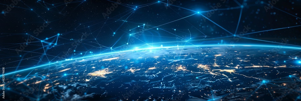 Digital Earth from space with network lines - A captivating image showing a digital visualization of Earth from space with glowing network connections representing global communication Digital Earth from space with network lines - A captivating image showing a digital visualization of Earth from space with glowing network connections representing global communication