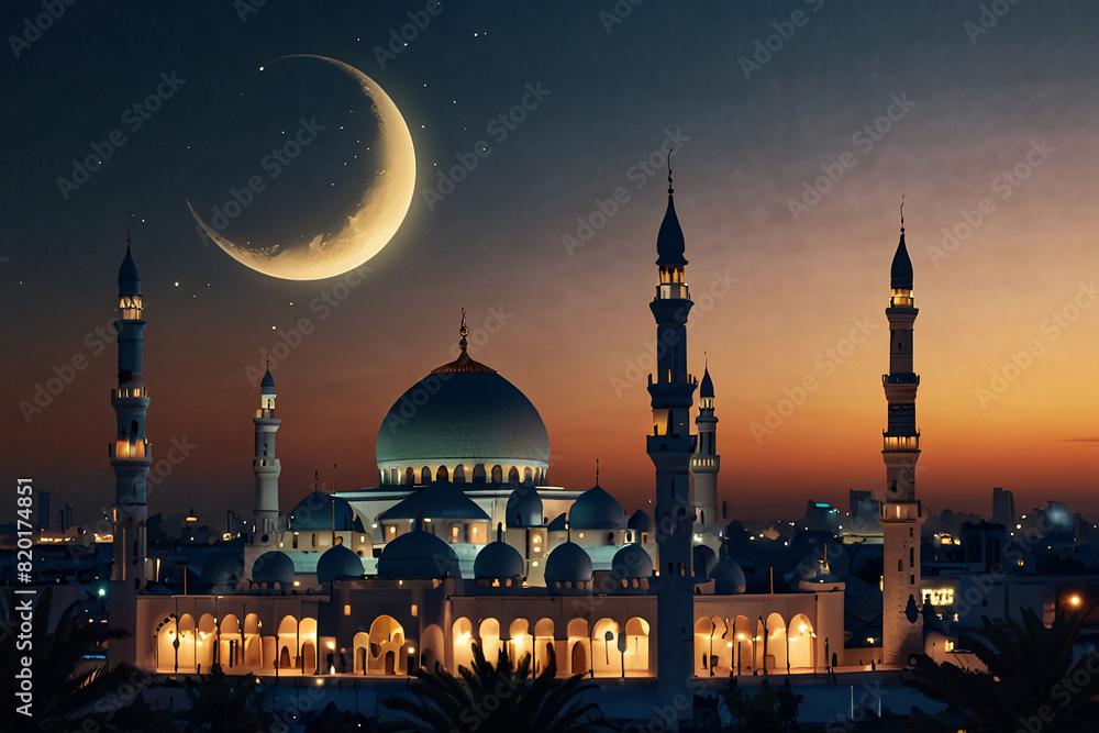 Crescent Moon With Beautiful Mosque On Evening Background