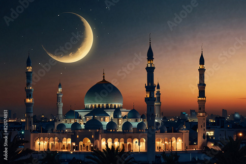 Crescent Moon With Beautiful Mosque On Evening Background