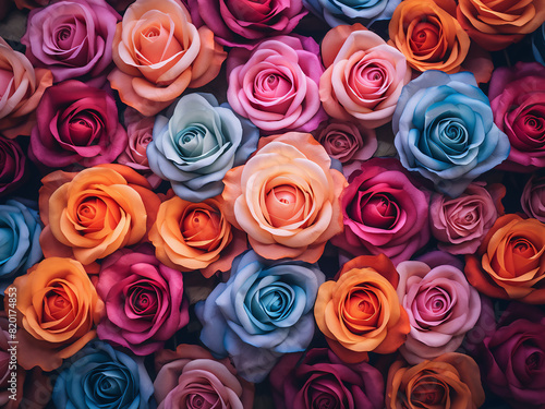 Multicolored roses arranged beautifully for a top-down view