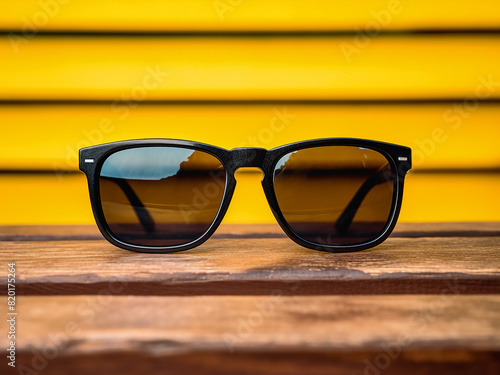 Stylish contrast: black sunglasses resting on a vibrant yellow table