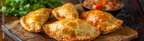 Beef empanadas, golden and flaky, served with a side of salsa, intimate Argentine cafe