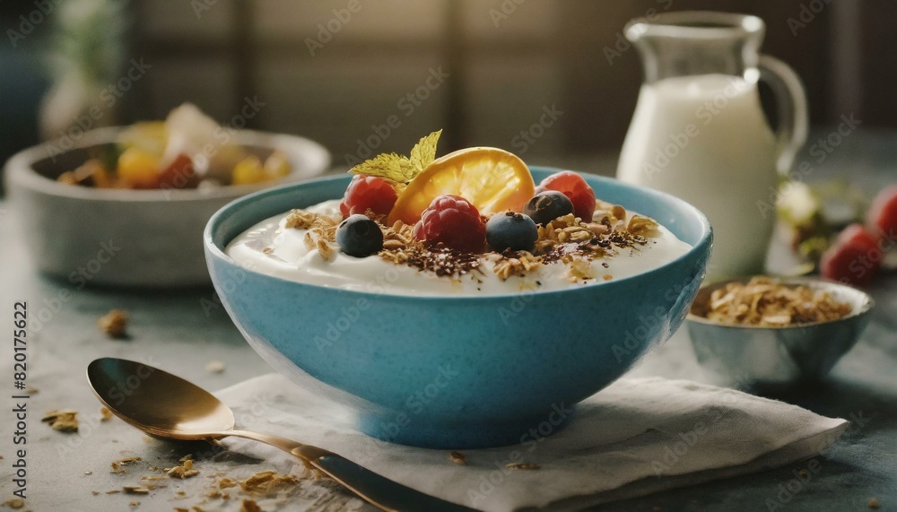 yogurt with fruit and granola in a blue bowl on a kitchen table yogurt with fruit and granola in a blue bowl on a kitchen table