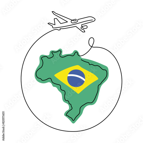 Travel Brazil one line vector illustration. Map of Brazil and airplane drawing.