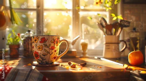 In a sunlit kitchen, a charming coffee cup adorned with whimsical illustrations awaits its next sip, surrounded by the comforting aroma of freshly brewed coffee.