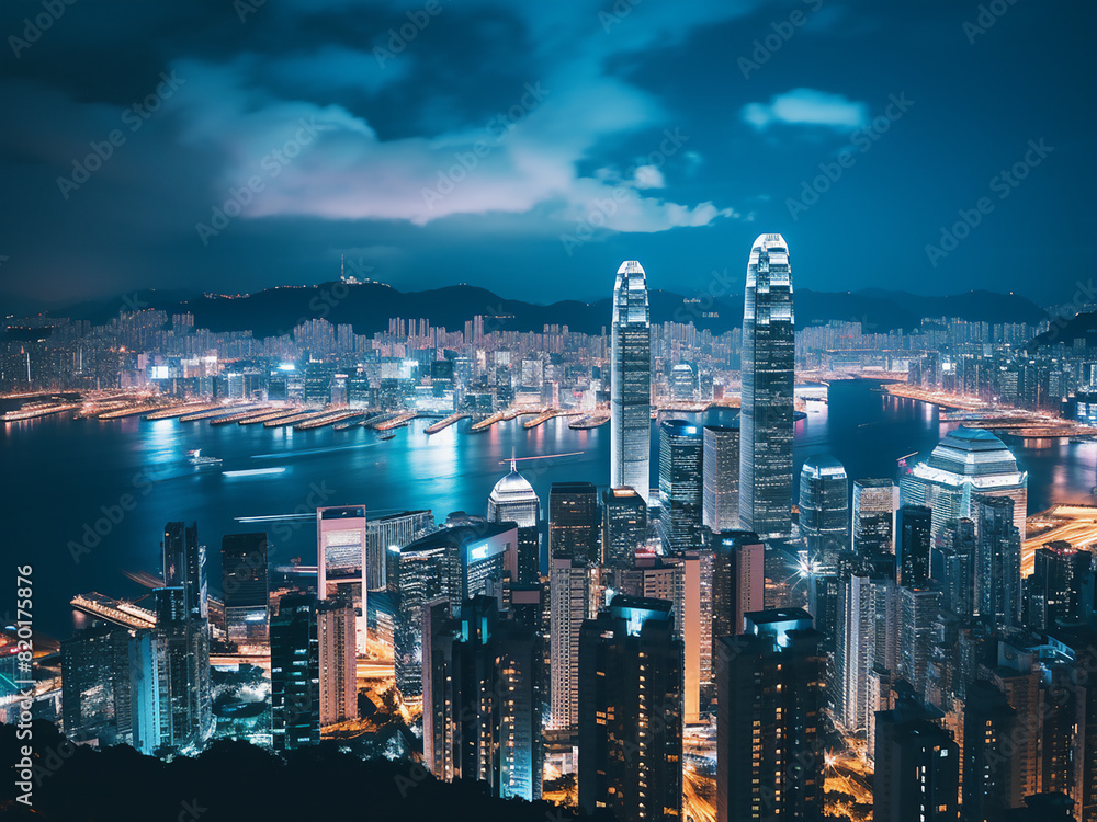 Obraz premium Cityscape charm: blurred lights twinkling from Victoria Peak