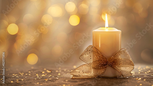 Lit white candle tied with a gold ribbon