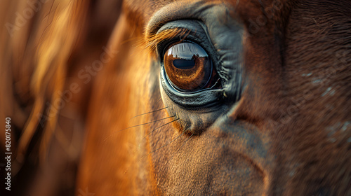 Close-up of stallion horse eyes  Eye of Arabian bay horse  Generative Ai 