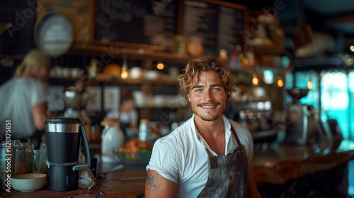 young handsome barista guy portrait in his own small busines as a café 