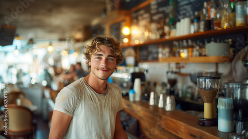 young handsome barista guy portrait in his own small busines as a café  © Erzsbet