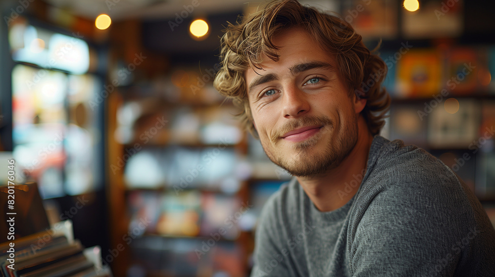 Fototapeta premium handsome guy working in a record store helpful smile portrait