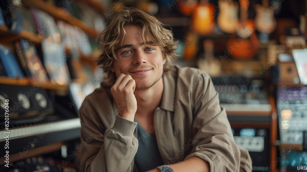 handsome guy working in a record store helpful smile portrait handsome guy working in a record store helpful smile portrait