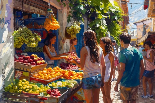 A group of friends stops at a roadside fruit stand, enjoying fresh produce and chatting with the vendor, showcasing contentment amidst vibrant colors and detailed textures. photo