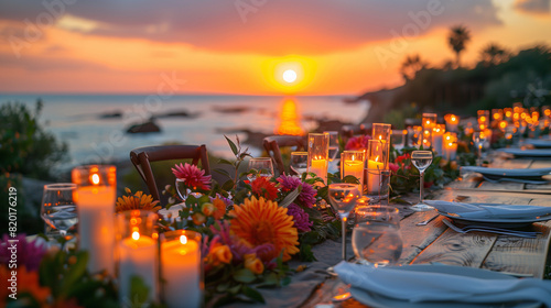 wedding table in the sunset at the beach beautiful modern boho style beach wedding table © Erzsbet