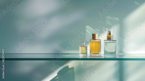Elegant perfume bottles on glass shelf in sunlight for beauty and fashion editorial concept