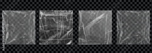 Plastic wrap texture overlay effect. Polyethylene packaging for vinyl or cd cover. Plastic sleeve or wrap with fingerprints texture overlay. Realistic set of square plastic package mockup