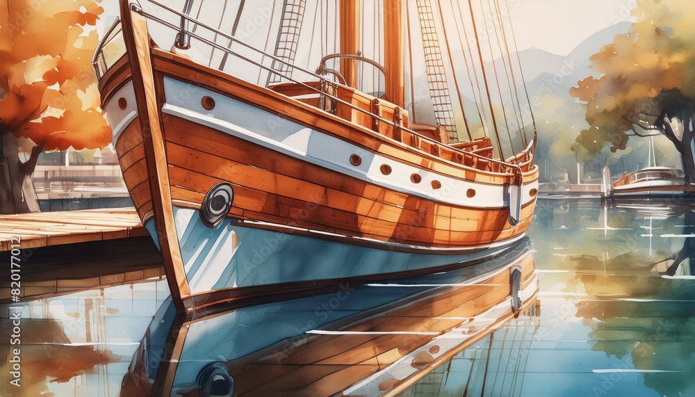 A classic sailboat docked at a quiet harbor with detailed wooden textures and smooth water A classic sailboat docked at a quiet harbor with detailed wooden textures and smooth water