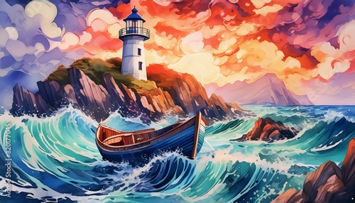  A detailed boat near a lighthouse with rocky shores and crashing waves. The dramatic sky