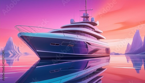 A detailed luxury yacht anchored in calm waters during sunset  with vibrant hues of orange  