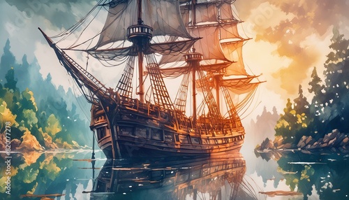 A detailed, historical tall ship docked in a quiet harbor with intricate rigging and wooden photo