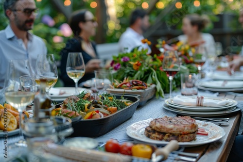 Guests mingle around a beautifully set table with BBQ dishes  sharing laughter and stories. The lively atmosphere  enhanced by the aroma of grilled food  evokes joy and excitement.