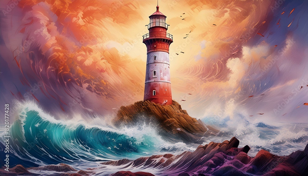 A lighthouse amidst a dramatic storm, with crashing waves and dark, turbulent clouds.