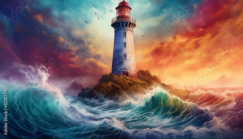 A lighthouse amidst a dramatic storm, with crashing waves and dark, turbulent clouds.