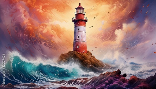 A lighthouse amidst a dramatic storm, with crashing waves and dark, turbulent clouds.